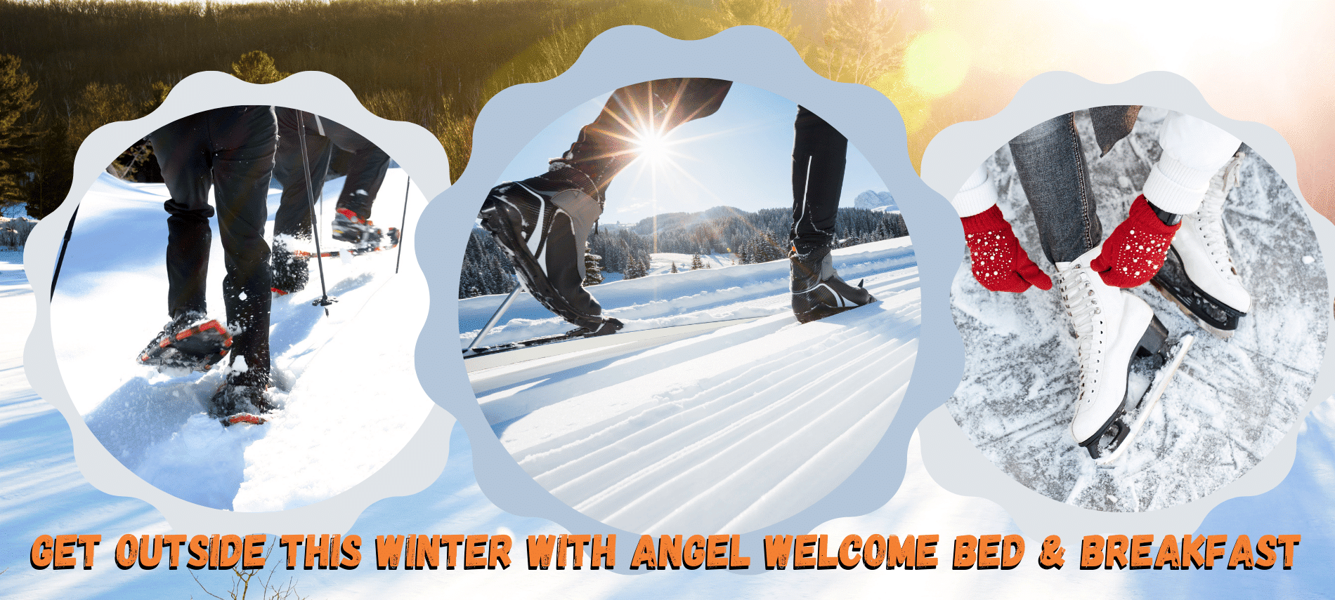 Collage of snow-shoeing, cross-country skiing and ice skates on a winter background.