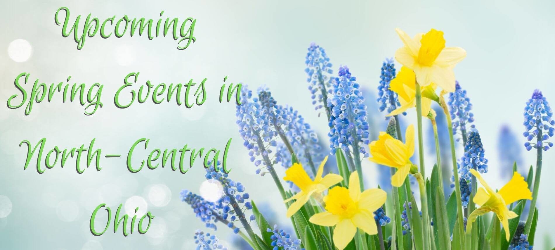 Yellow daffodils and Lavender Lilacs on a white background with the words Upcoming Spring Events in North-Central Ohio