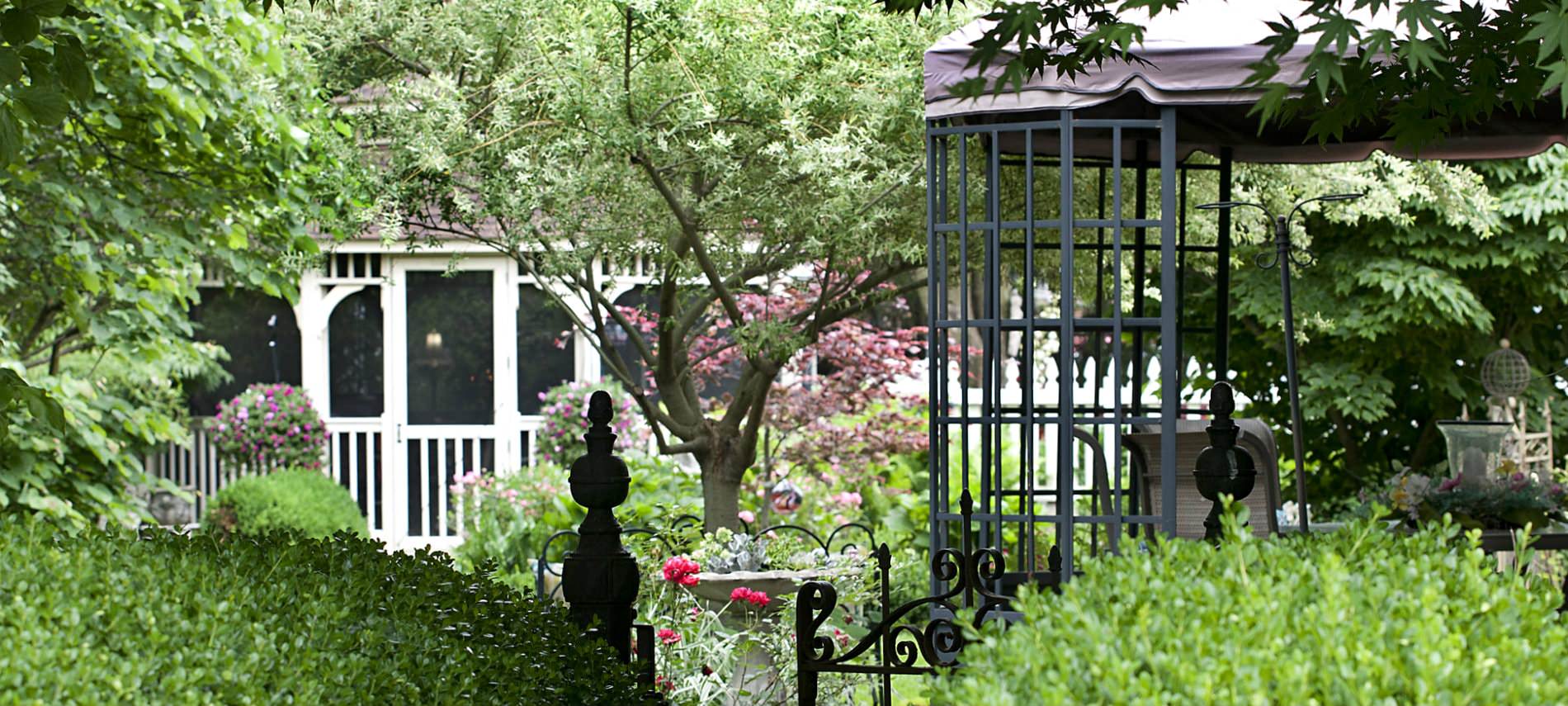 Exterior view of backyard with black fence and gate, white gazebo and lush green landscaping